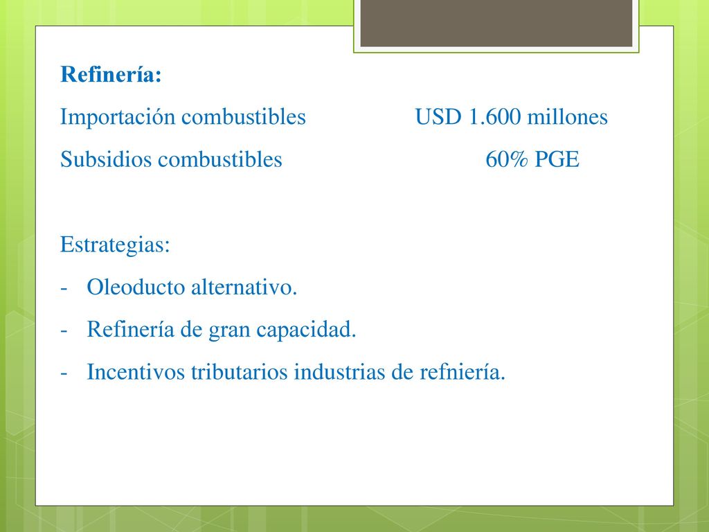Refinería: Importación combustibles USD millones. Subsidios combustibles 60% PGE. Estrategias: