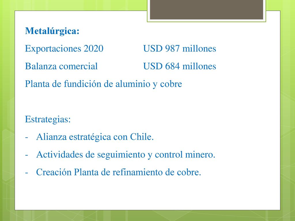 Metalúrgica: Exportaciones 2020 USD 987 millones. Balanza comercial USD 684 millones. Planta de fundición de aluminio y cobre.