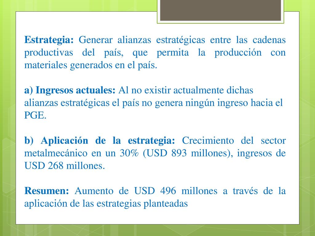 Estrategia: Generar alianzas estratégicas entre las cadenas productivas del país, que permita la producción con materiales generados en el país.