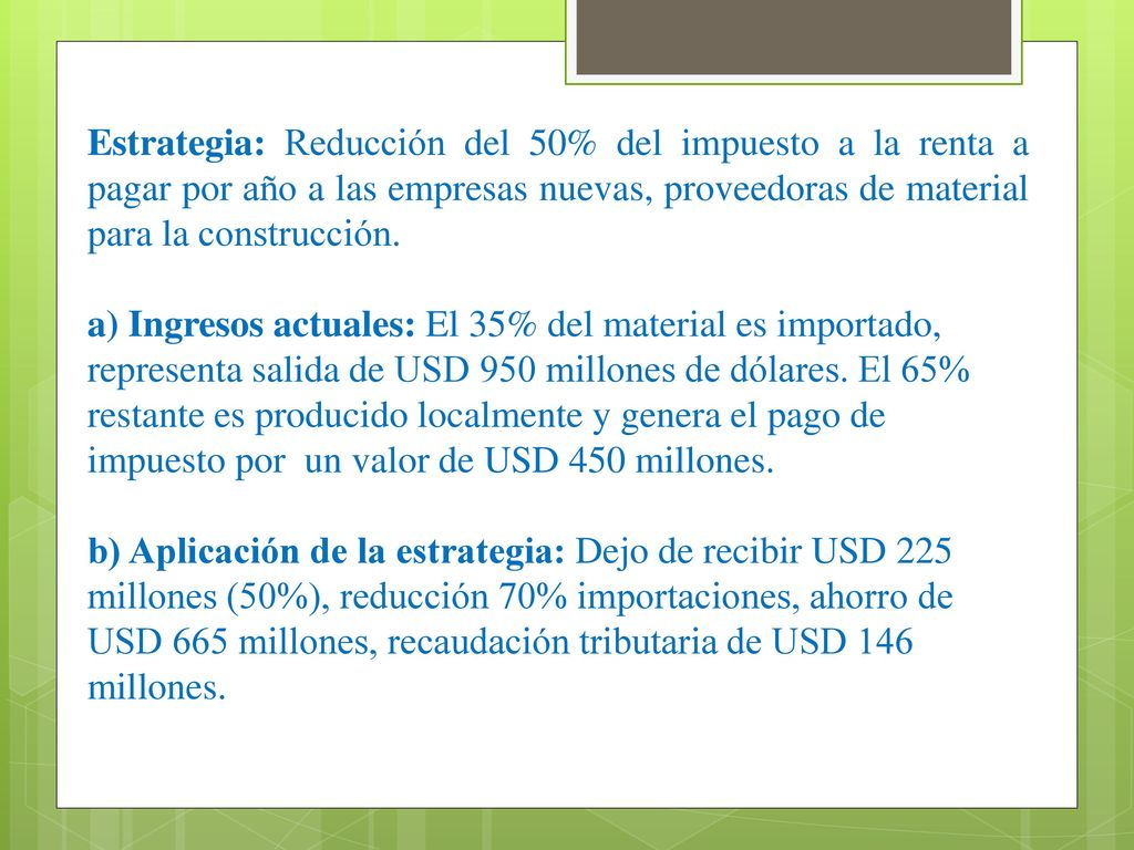 Estrategia: Reducción del 50% del impuesto a la renta a pagar por año a las empresas nuevas, proveedoras de material para la construcción.