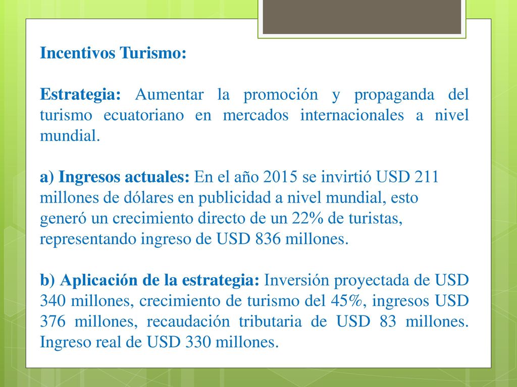 Incentivos Turismo: Estrategia: Aumentar la promoción y propaganda del turismo ecuatoriano en mercados internacionales a nivel mundial.