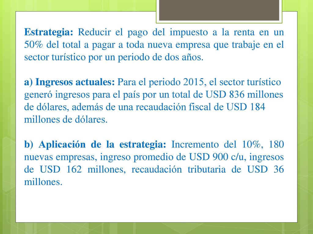 Estrategia: Reducir el pago del impuesto a la renta en un 50% del total a pagar a toda nueva empresa que trabaje en el sector turístico por un periodo de dos años.