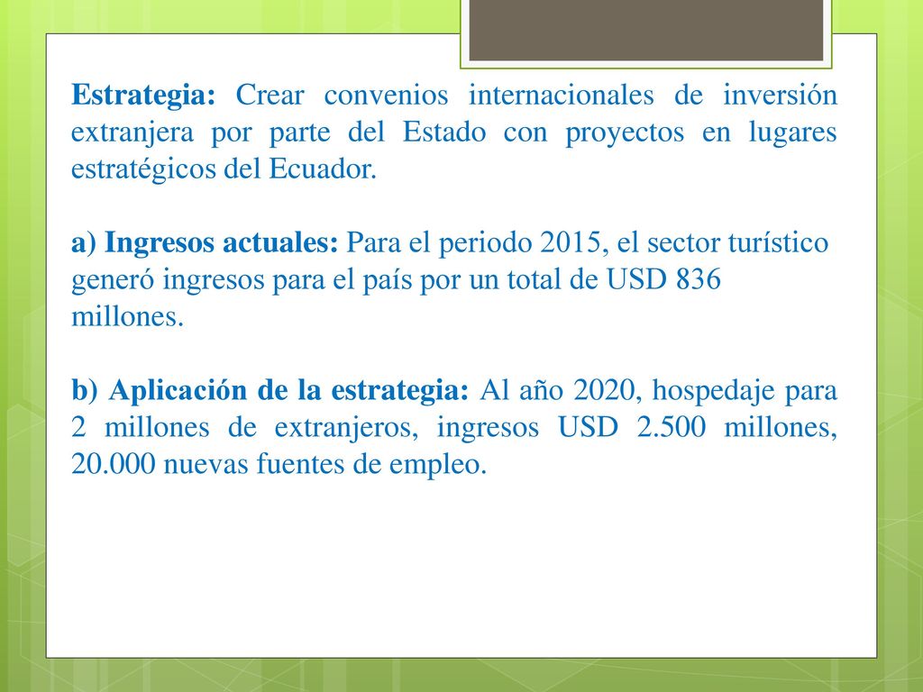 Estrategia: Crear convenios internacionales de inversión extranjera por parte del Estado con proyectos en lugares estratégicos del Ecuador.