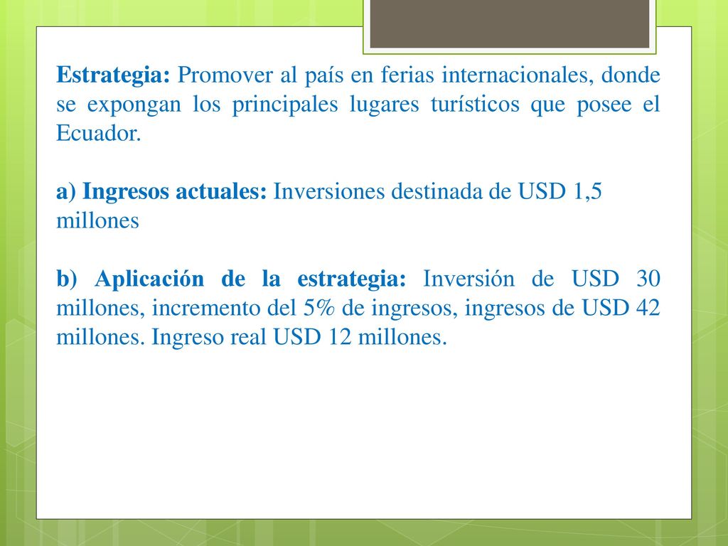 Estrategia: Promover al país en ferias internacionales, donde se expongan los principales lugares turísticos que posee el Ecuador.