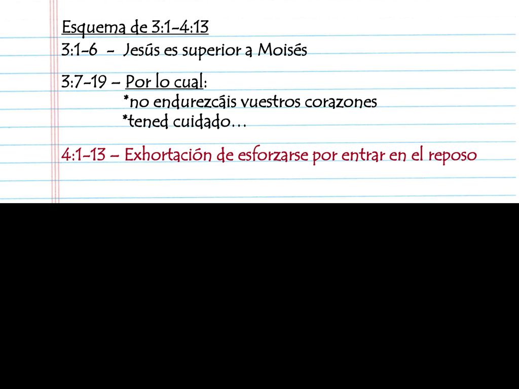 Esquema de 3:1-4:13 3:1-6 - Jesús es superior a Moisés. 3:7-19 – Por lo cual: *no endurezcáis vuestros corazones.