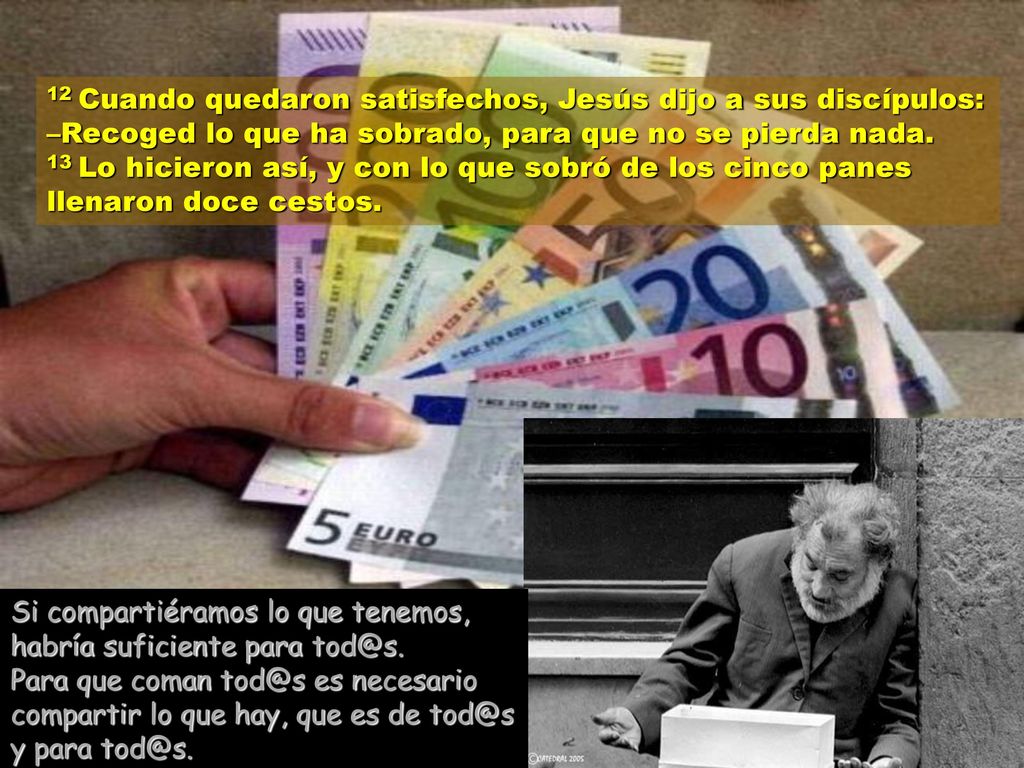 12 Cuando quedaron satisfechos, Jesús dijo a sus discípulos: –Recoged lo que ha sobrado, para que no se pierda nada. 13 Lo hicieron así, y con lo que sobró de los cinco panes