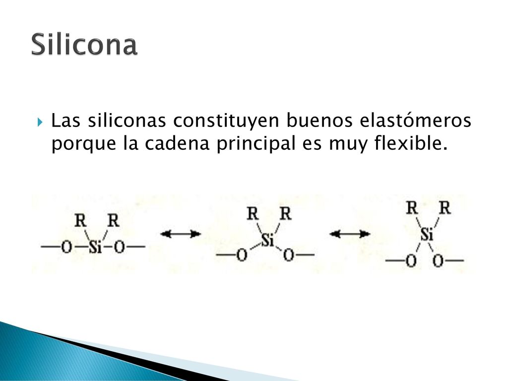 Silicona Las siliconas constituyen buenos elastómeros porque la cadena principal es muy flexible.
