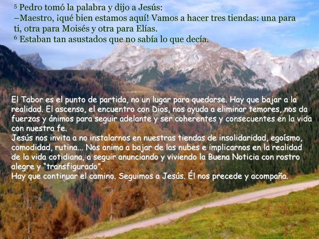 5 Pedro tomó la palabra y dijo a Jesús: –Maestro, ¡qué bien estamos aquí! Vamos a hacer tres tiendas: una para ti, otra para Moisés y otra para Elías. 6 Estaban tan asustados que no sabía lo que decía.