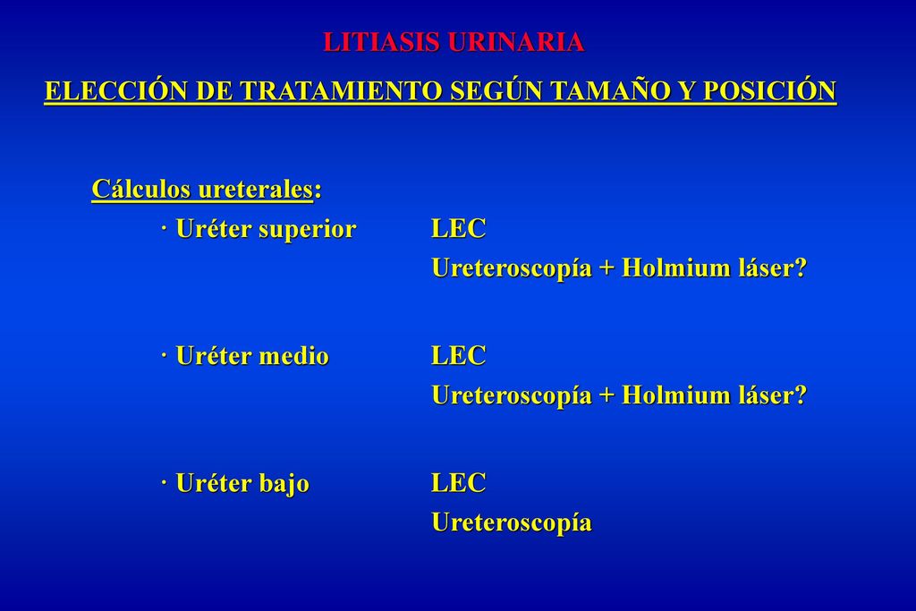 LITIASIS URINARIA ELECCIÓN DE TRATAMIENTO SEGÚN TAMAÑO Y POSICIÓN. Cálculos ureterales: · Uréter superior LEC.