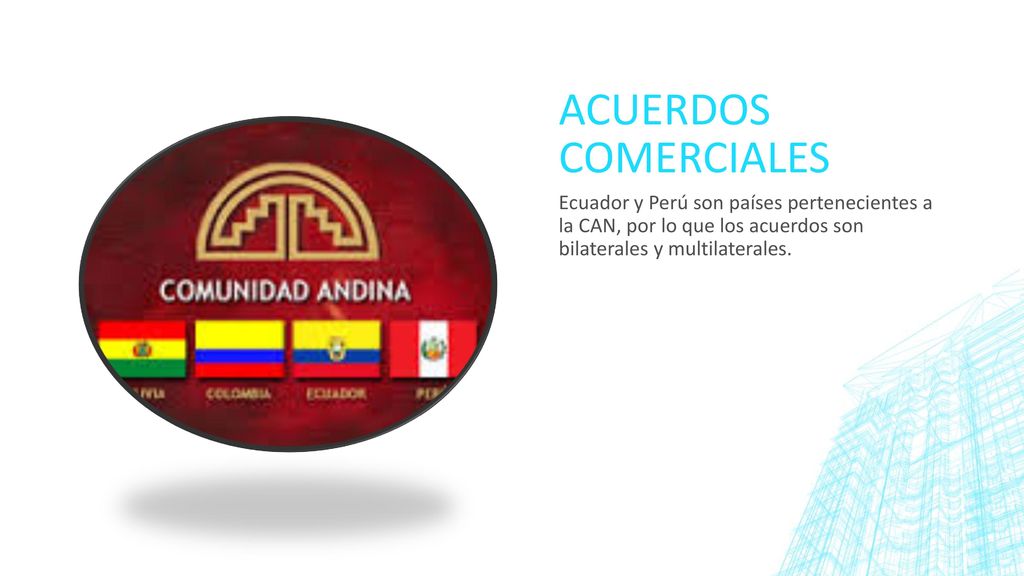Acuerdos comerciales Ecuador y Perú son países pertenecientes a la CAN, por lo que los acuerdos son bilaterales y multilaterales.