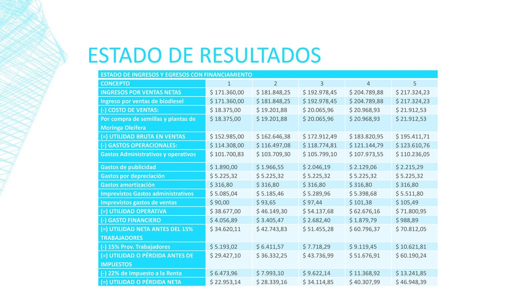 Estado de resultados ESTADO DE INGRESOS Y EGRESOS CON FINANCIAMIENTO