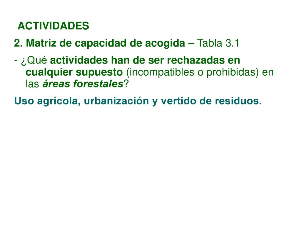 ACTIVIDADES 2. Matriz de capacidad de acogida – Tabla 3.1.
