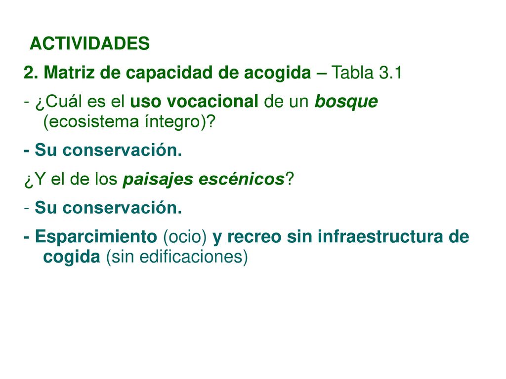 ACTIVIDADES 2. Matriz de capacidad de acogida – Tabla ¿Cuál es el uso vocacional de un bosque (ecosistema íntegro)