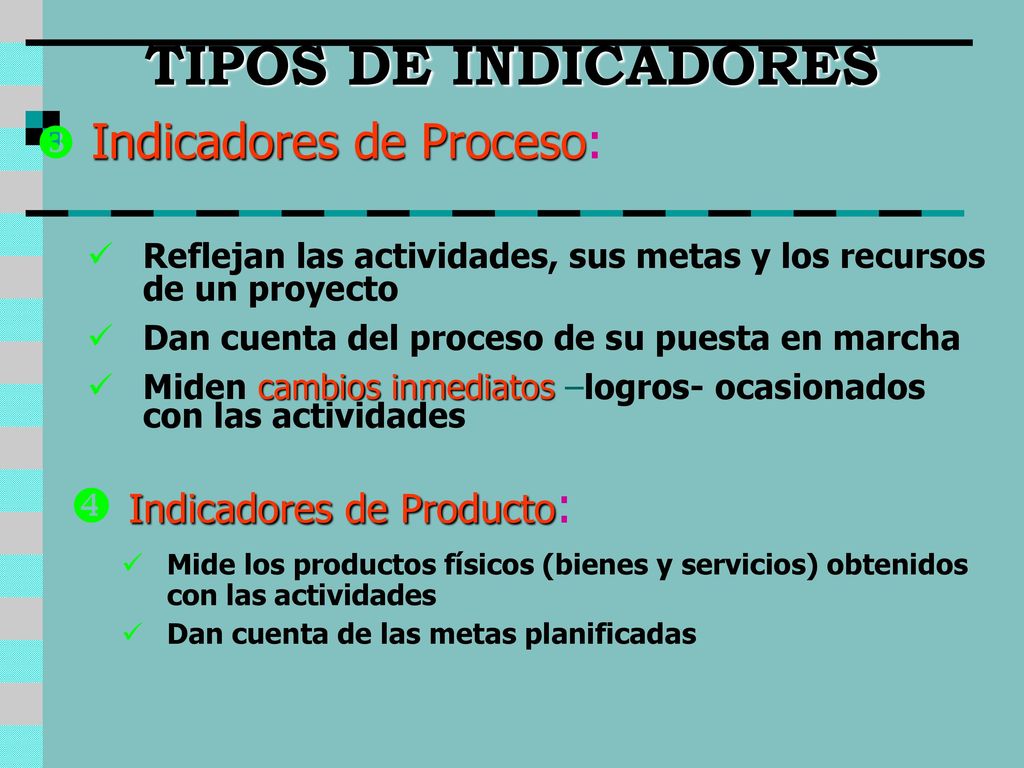 TIPOS DE INDICADORES Indicadores de Producto: Indicadores de Proceso: