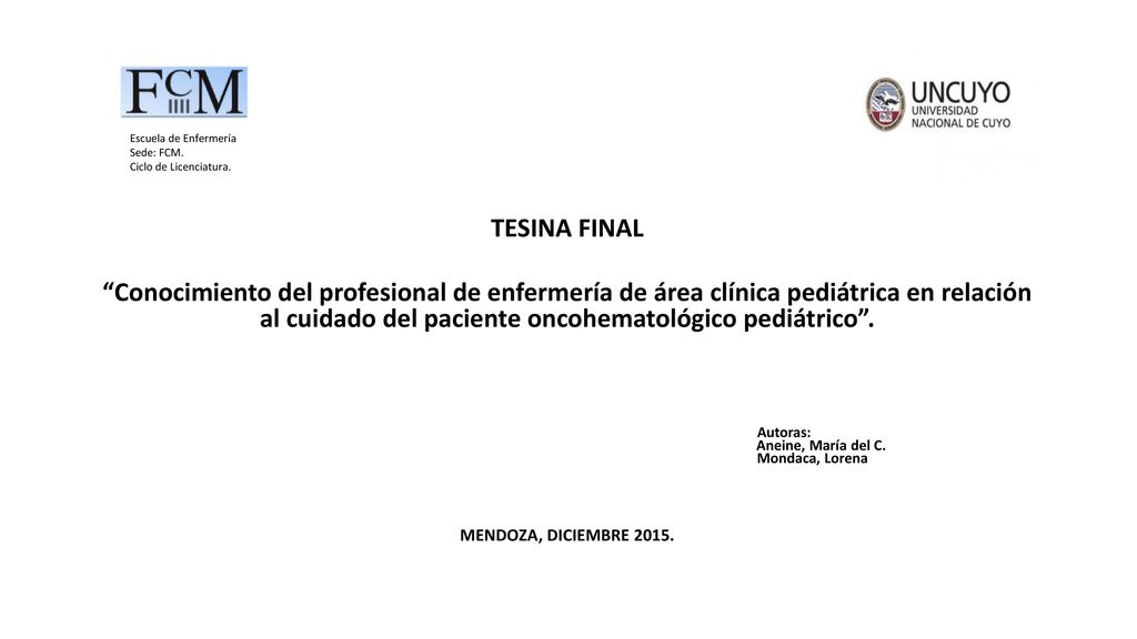 Escuela de Enfermería Sede: FCM. Ciclo de Licenciatura. TESINA FINAL.