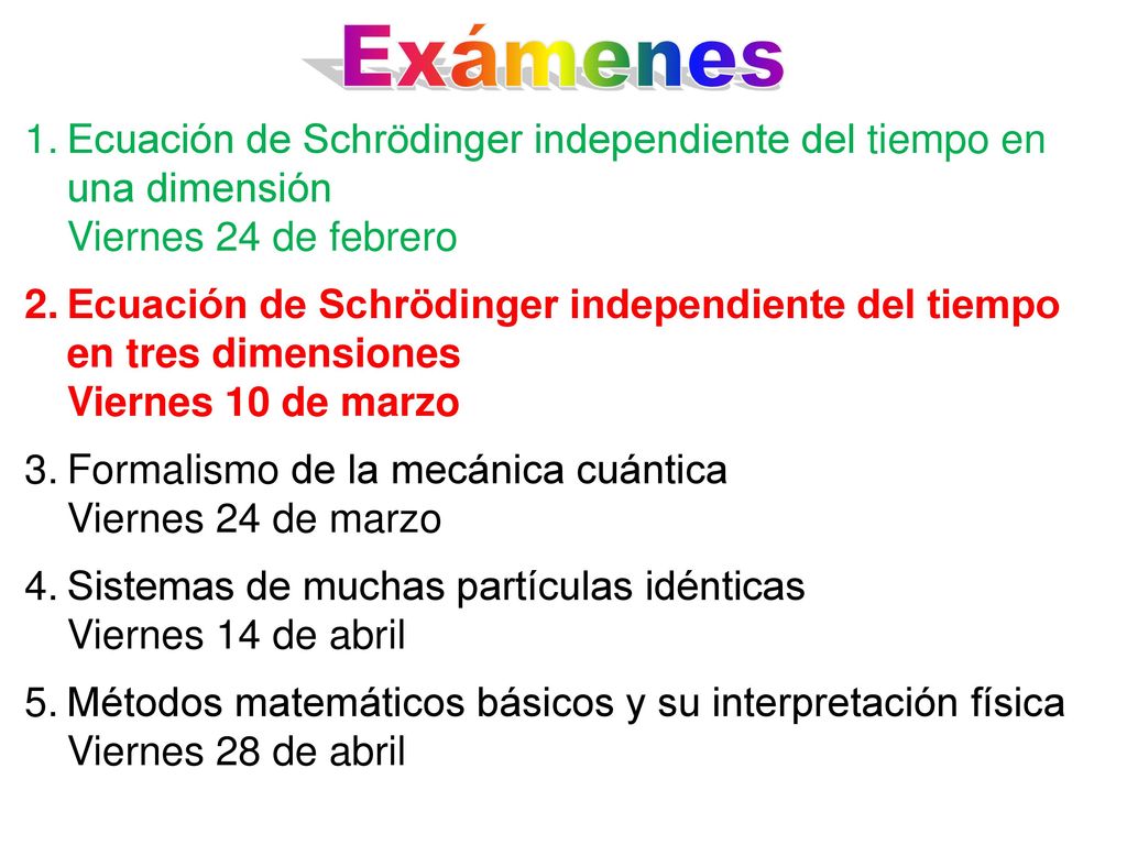 Exámenes Ecuación de Schrödinger independiente del tiempo en una dimensión Viernes 24 de febrero.