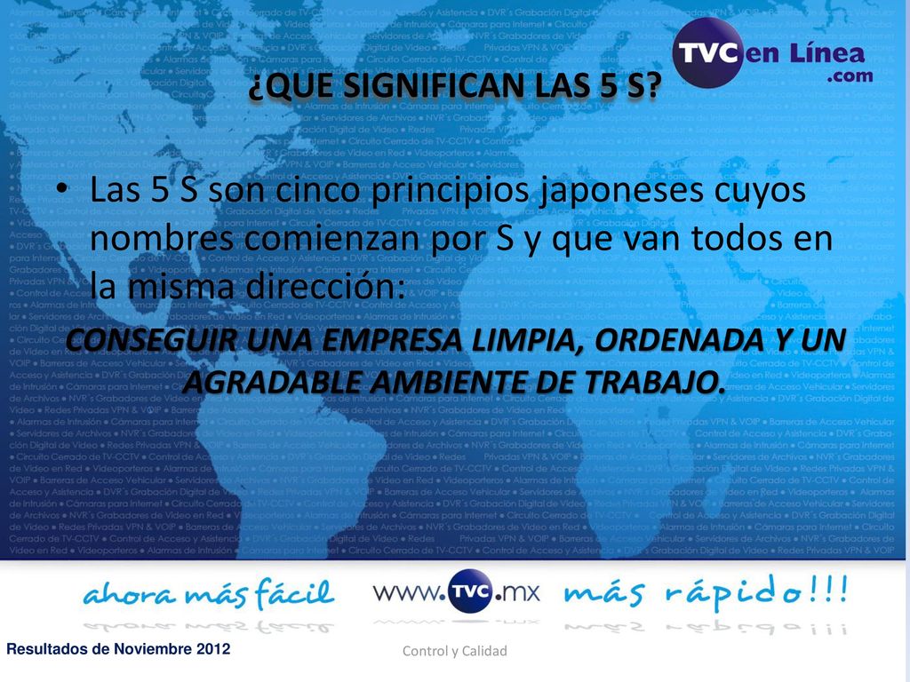 ¿QUE SIGNIFICAN LAS 5 S Las 5 S son cinco principios japoneses cuyos nombres comienzan por S y que van todos en la misma dirección: