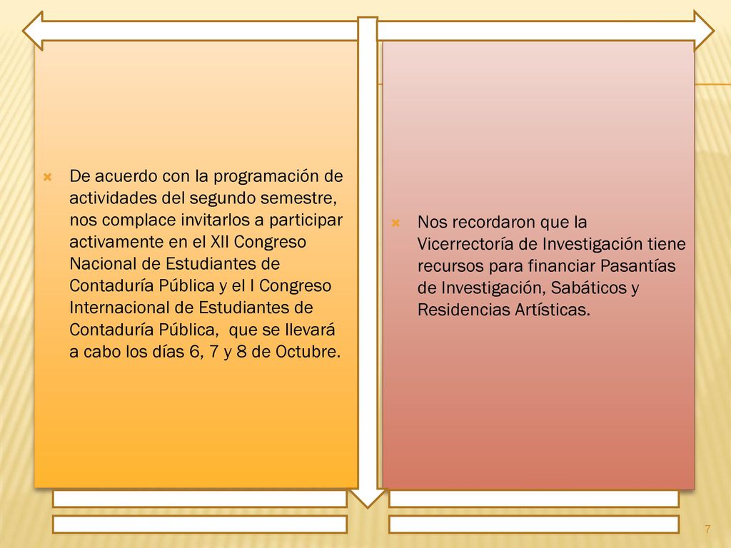De acuerdo con la programación de actividades del segundo semestre, nos complace invitarlos a participar activamente en el XII Congreso Nacional de Estudiantes de Contaduría Pública y el I Congreso Internacional de Estudiantes de Contaduría Pública, que se llevará a cabo los días 6, 7 y 8 de Octubre.