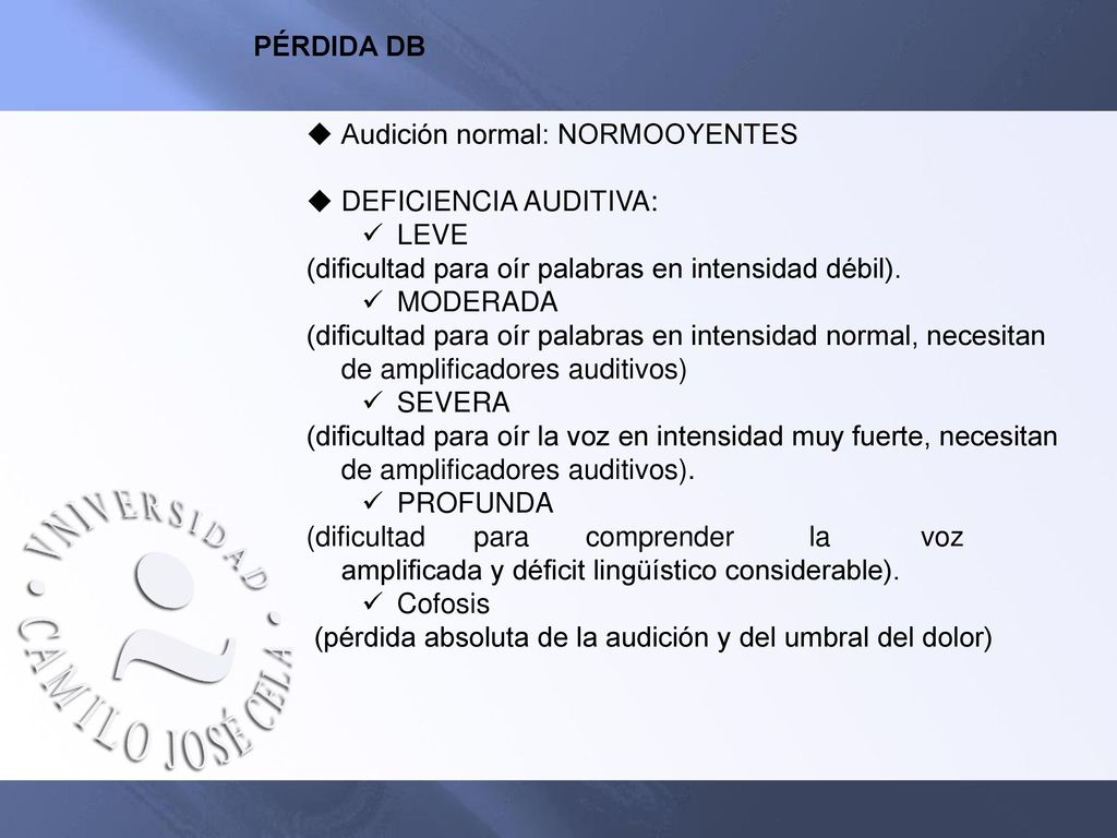 PÉRDIDA DB Audición normal: NORMOOYENTES. DEFICIENCIA AUDITIVA: LEVE. (dificultad para oír palabras en intensidad débil).