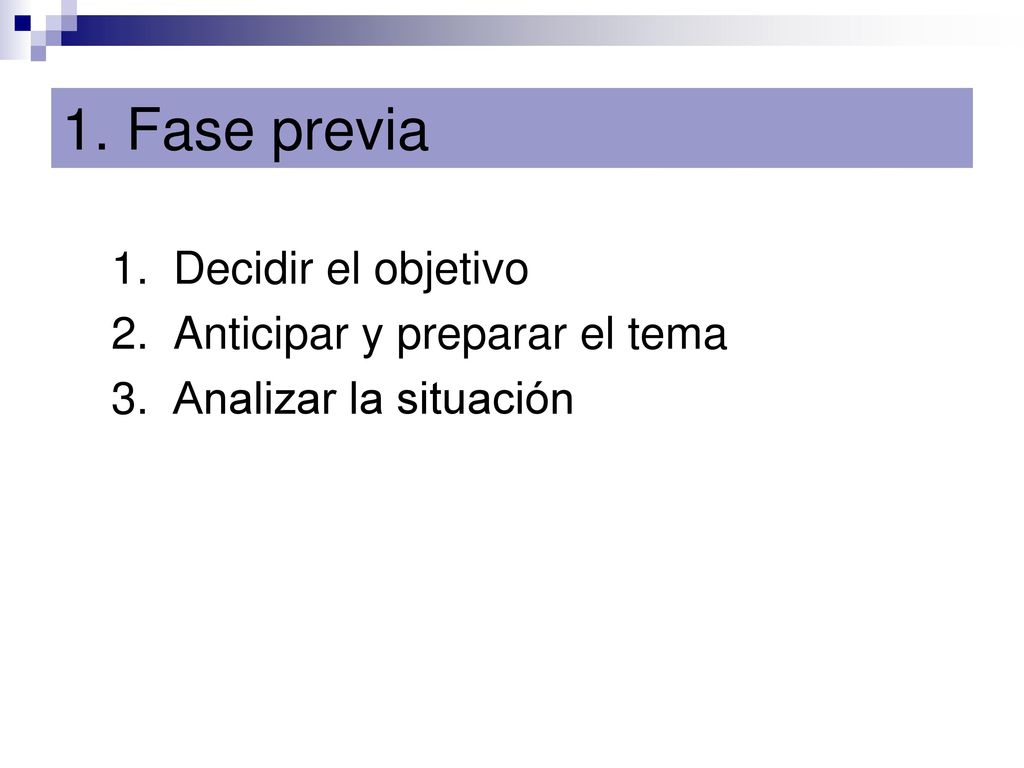 1. Fase previa Decidir el objetivo Anticipar y preparar el tema