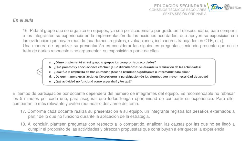 EDUCACIÓN secundaria CONSEJOS TÉCNICOS ESCOLARES. SEXTA SESIÓN ORDINARIA. En el aula.