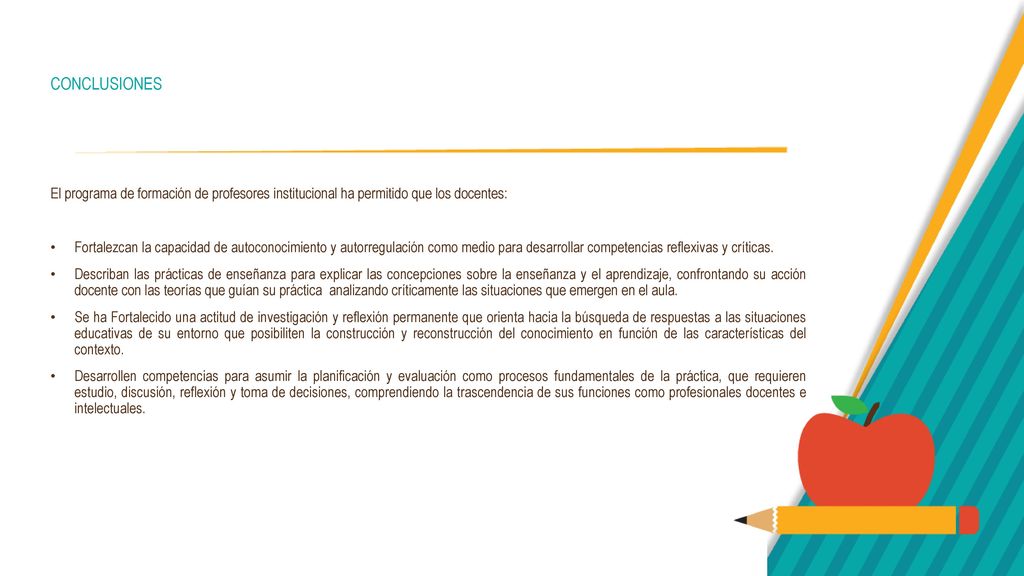 CONCLUSIONES El programa de formación de profesores institucional ha permitido que los docentes: