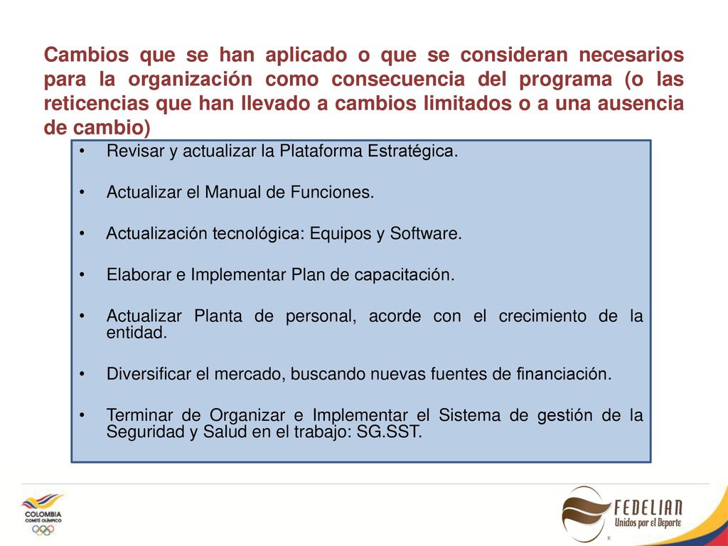Cambios que se han aplicado o que se consideran necesarios para la organización como consecuencia del programa (o las reticencias que han llevado a cambios limitados o a una ausencia de cambio)
