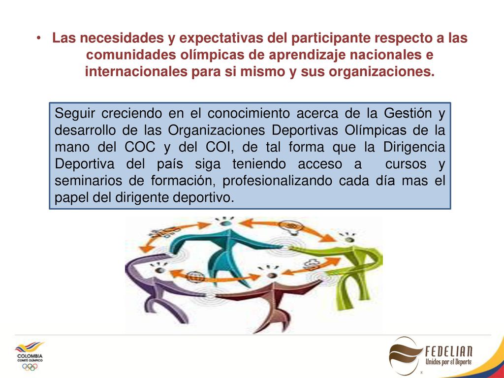 Las necesidades y expectativas del participante respecto a las comunidades olímpicas de aprendizaje nacionales e internacionales para si mismo y sus organizaciones.