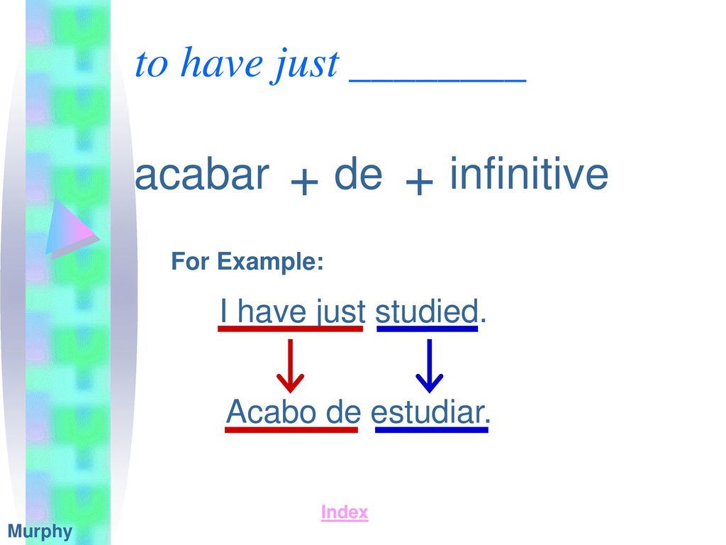 + + to have just ________ acabar de infinitive I have just studied.