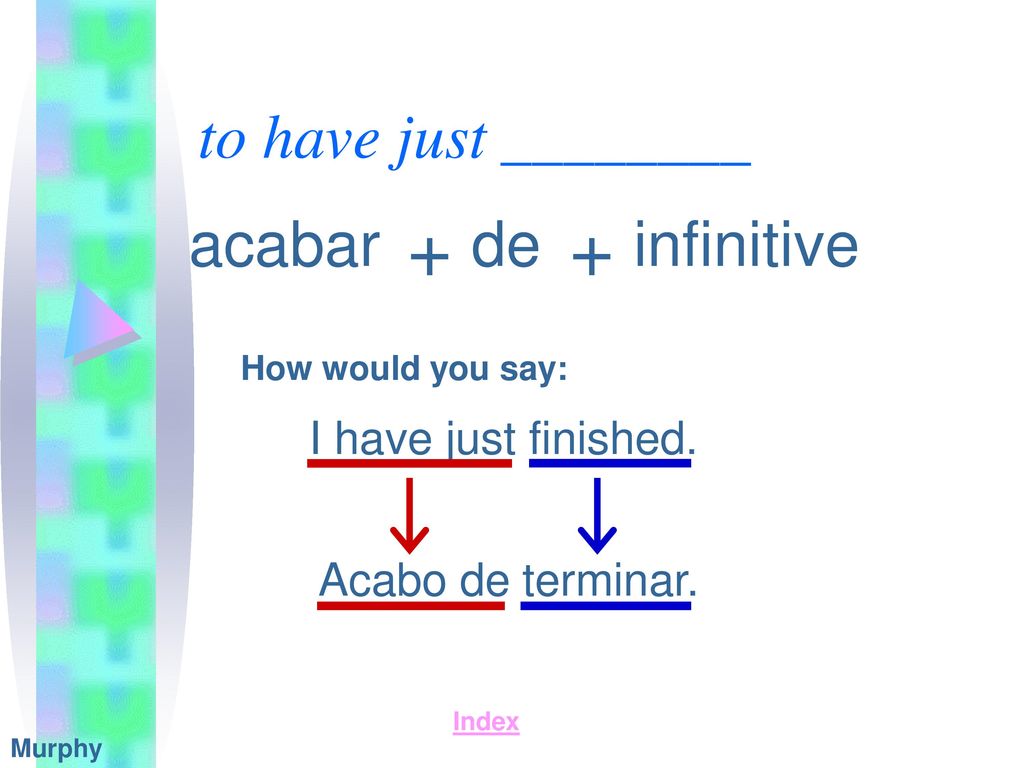 + + to have just ________ acabar de infinitive I have just finished.