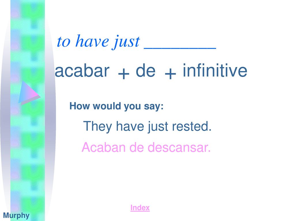 + + to have just ________ acabar de infinitive They have just rested.