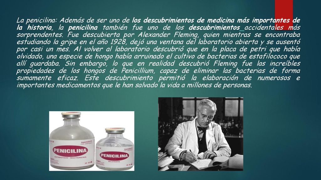 La penicilina: Además de ser uno de los descubrimientos de medicina más importantes de la historia, la penicilina también fue uno de los descubrimientos accidentales más sorprendentes.
