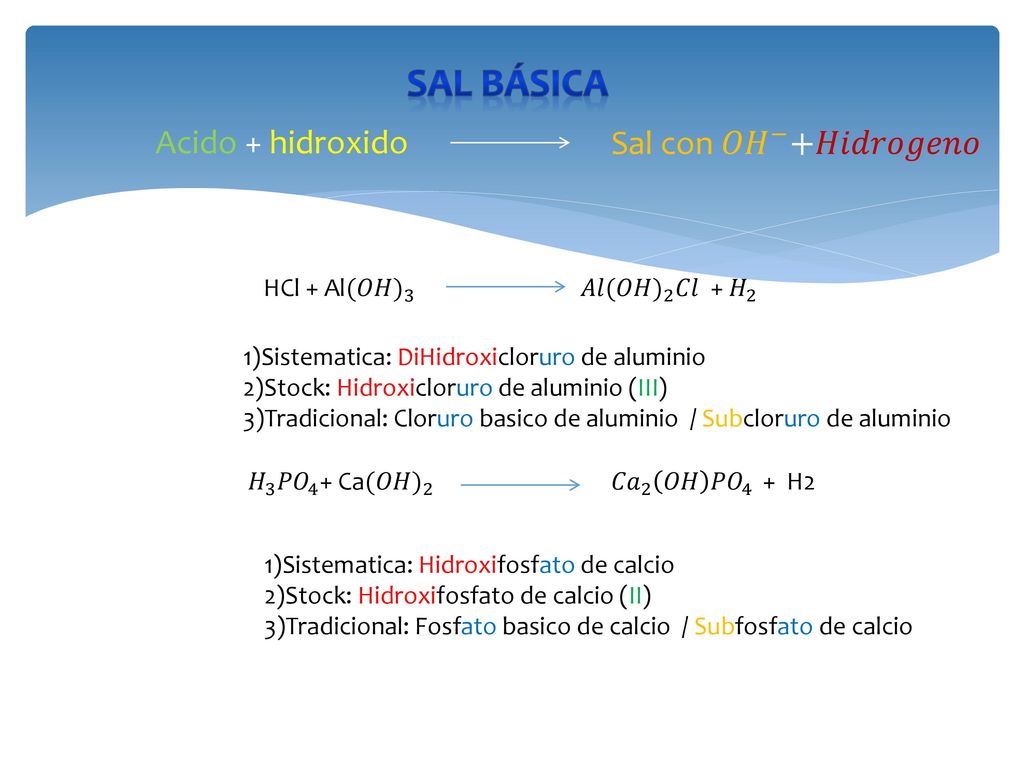 Sal Básica Acido + hidroxido Sal con 𝑂𝐻 − +𝐻𝑖𝑑𝑟𝑜𝑔𝑒𝑛𝑜 HCl + Al (𝑂𝐻) 3
