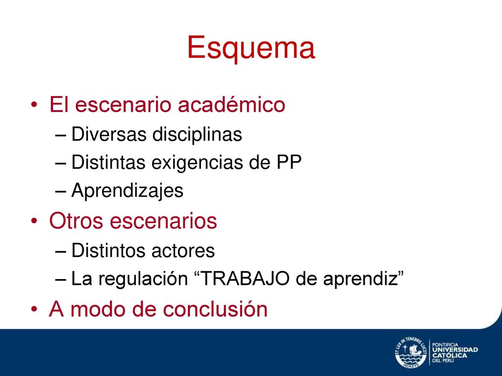 Esquema El escenario académico Otros escenarios A modo de conclusión