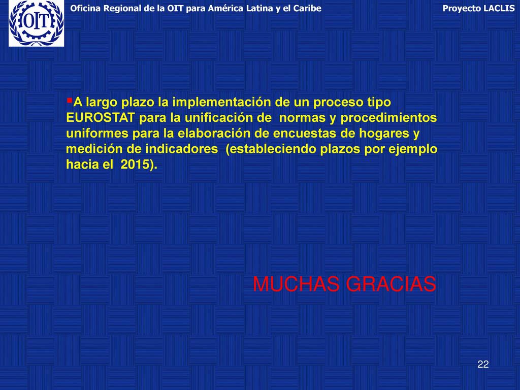 A largo plazo la implementación de un proceso tipo EUROSTAT para la unificación de normas y procedimientos uniformes para la elaboración de encuestas de hogares y medición de indicadores (estableciendo plazos por ejemplo hacia el 2015).