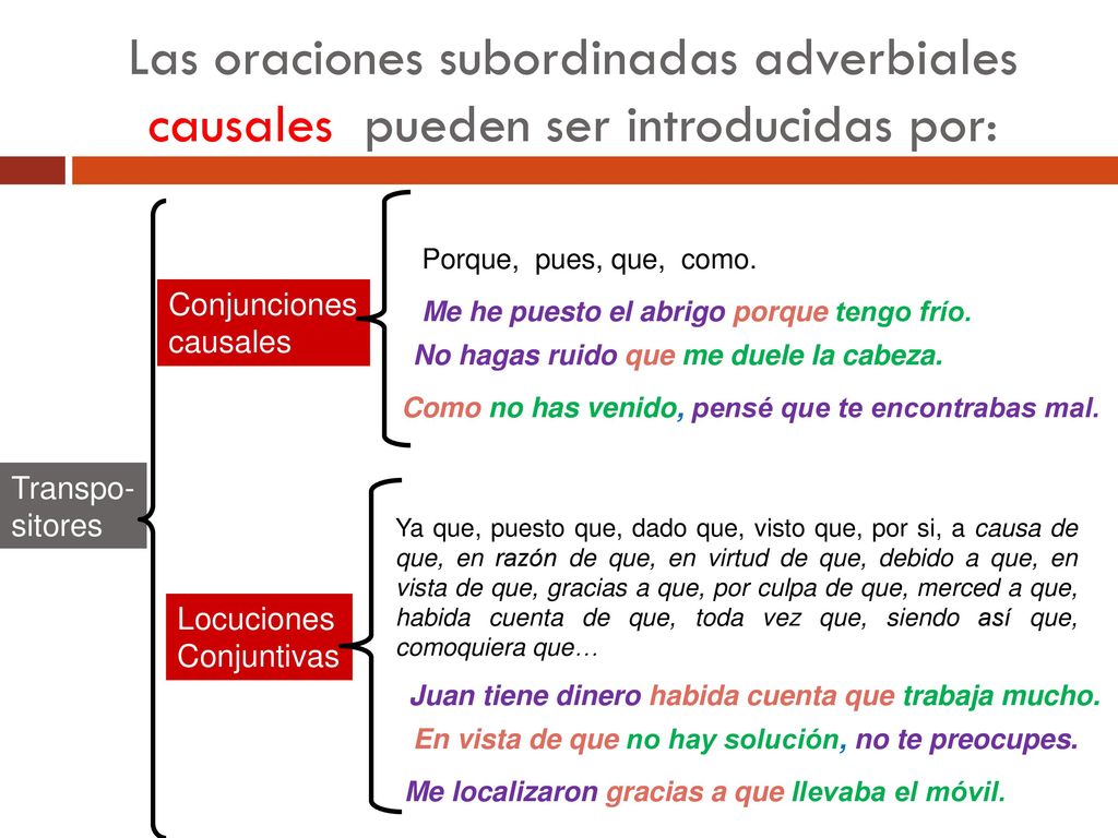 Las oraciones subordinadas adverbiales causales pueden ser introducidas por:
