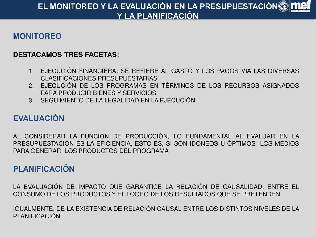 EL MONITOREO Y LA EVALUACIÓN EN LA PRESUPUESTACIÓN Y LA PLANIFICACIÓN