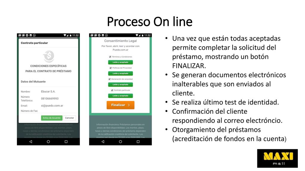 Proceso On line Una vez que están todas aceptadas permite completar la solicitud del préstamo, mostrando un botón FINALIZAR.