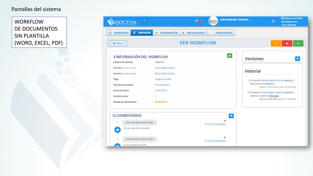 Pantallas del sistema WORKFLOW DE DOCUMENTOS SIN PLANTILLA (WORD, EXCEL, PDF)