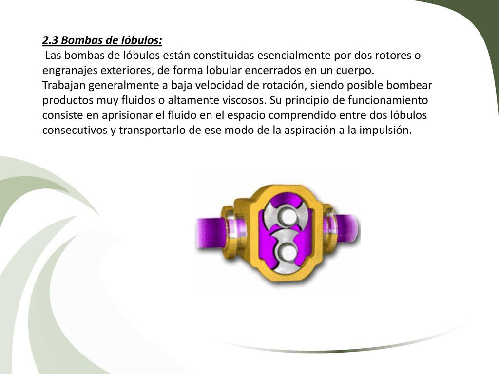 2.3 Bombas de lóbulos: Las bombas de lóbulos están constituidas esencialmente por dos rotores o engranajes exteriores, de forma lobular encerrados en un cuerpo.