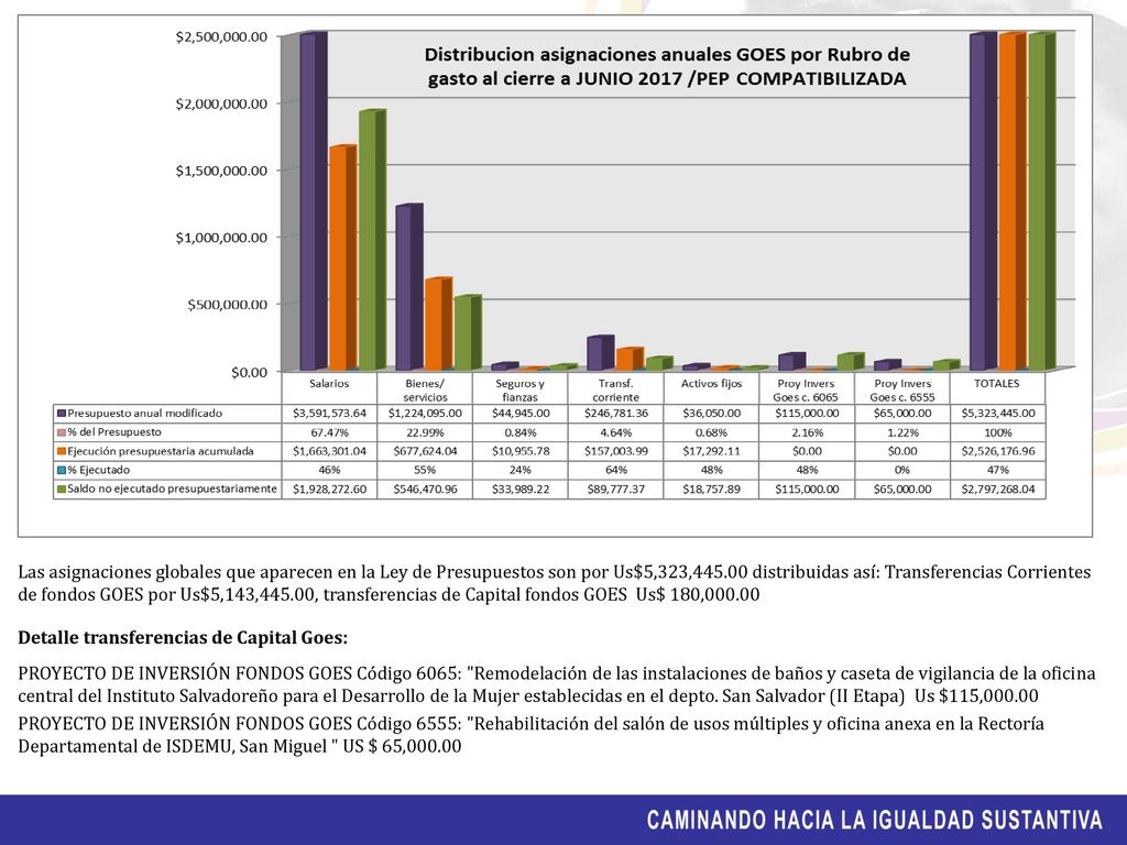Las asignaciones globales que aparecen en la Ley de Presupuestos son por Us$5,323, distribuidas así: Transferencias Corrientes de fondos GOES por Us$5,143,445.00, transferencias de Capital fondos GOES Us$ 180,000.00