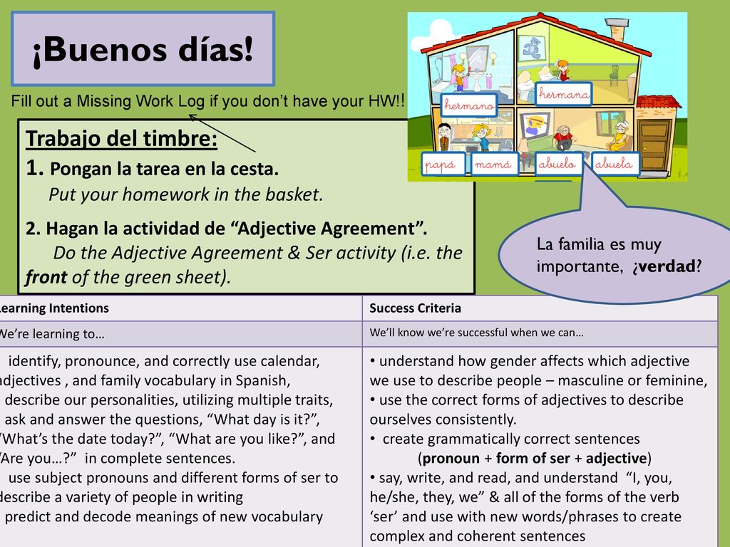 ¡Buenos días! Trabajo del timbre: 1. Pongan la tarea en la cesta.