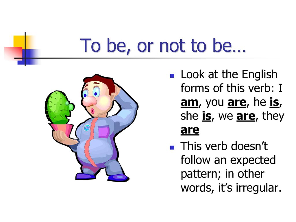 To be, or not to be… Look at the English forms of this verb: I am, you are, he is, she is, we are, they are.