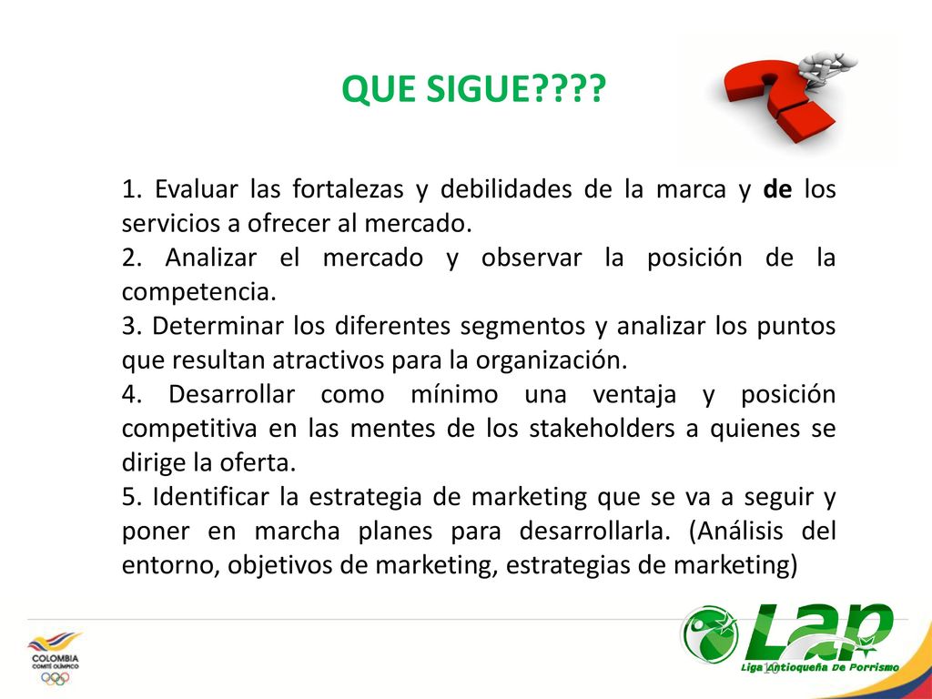 QUE SIGUE 1. Evaluar las fortalezas y debilidades de la marca y de los servicios a ofrecer al mercado.