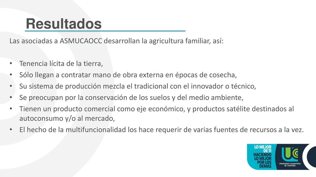 Resultados Las asociadas a ASMUCAOCC desarrollan la agricultura familiar, así: Tenencia lícita de la tierra,