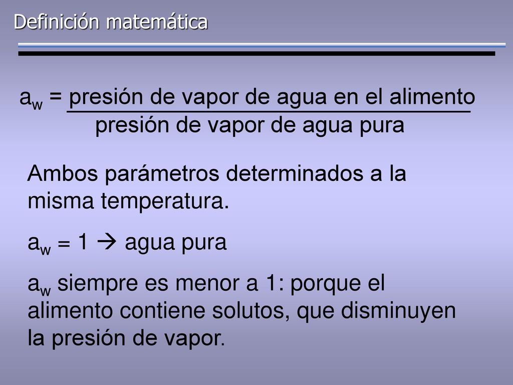 aw = presión de vapor de agua en el alimento