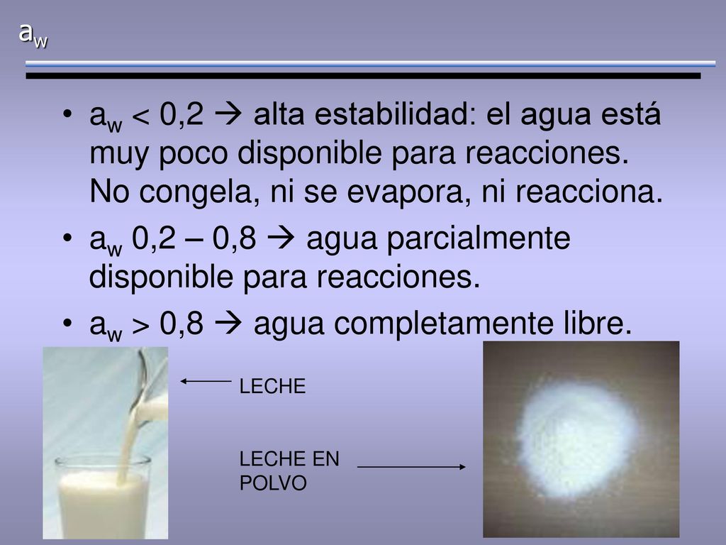 aw 0,2 – 0,8  agua parcialmente disponible para reacciones.