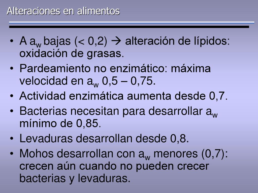 A aw bajas (< 0,2)  alteración de lípidos: oxidación de grasas.