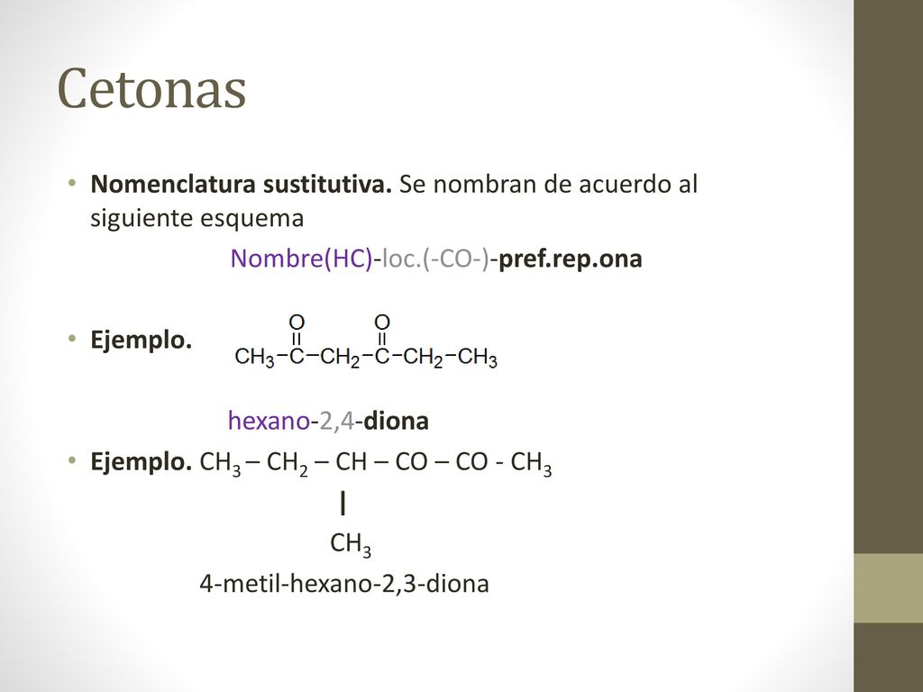 Cetonas Nomenclatura sustitutiva. Se nombran de acuerdo al siguiente esquema. Nombre(HC)-loc.(-CO-)-pref.rep.ona.