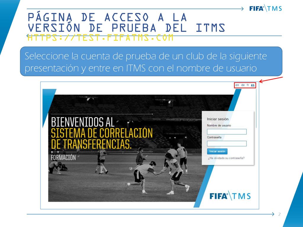 Página de acceso a la versión de prueba del ITMS   fifatms